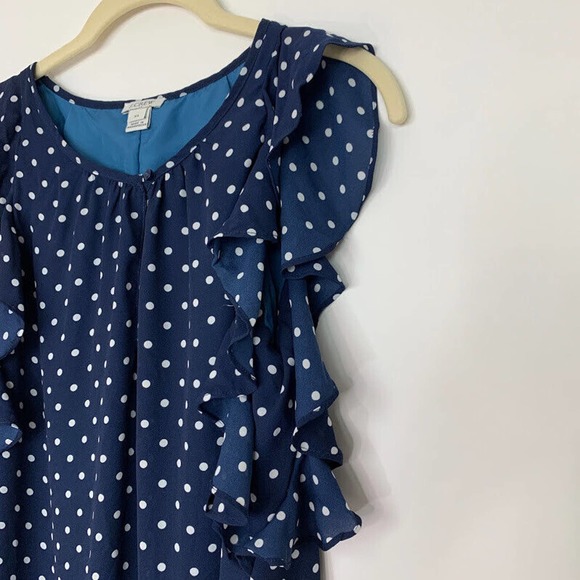 J Crew Size XS Printed Polka Dot‎ Flutter Sleeve Dress Navy Blue Ruffle J0841 - Picture 2 of 10